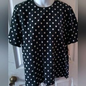 Tanjay Women's VTG Lightweight Short Sleeve Black/White Polka Dot Blouse Size 10